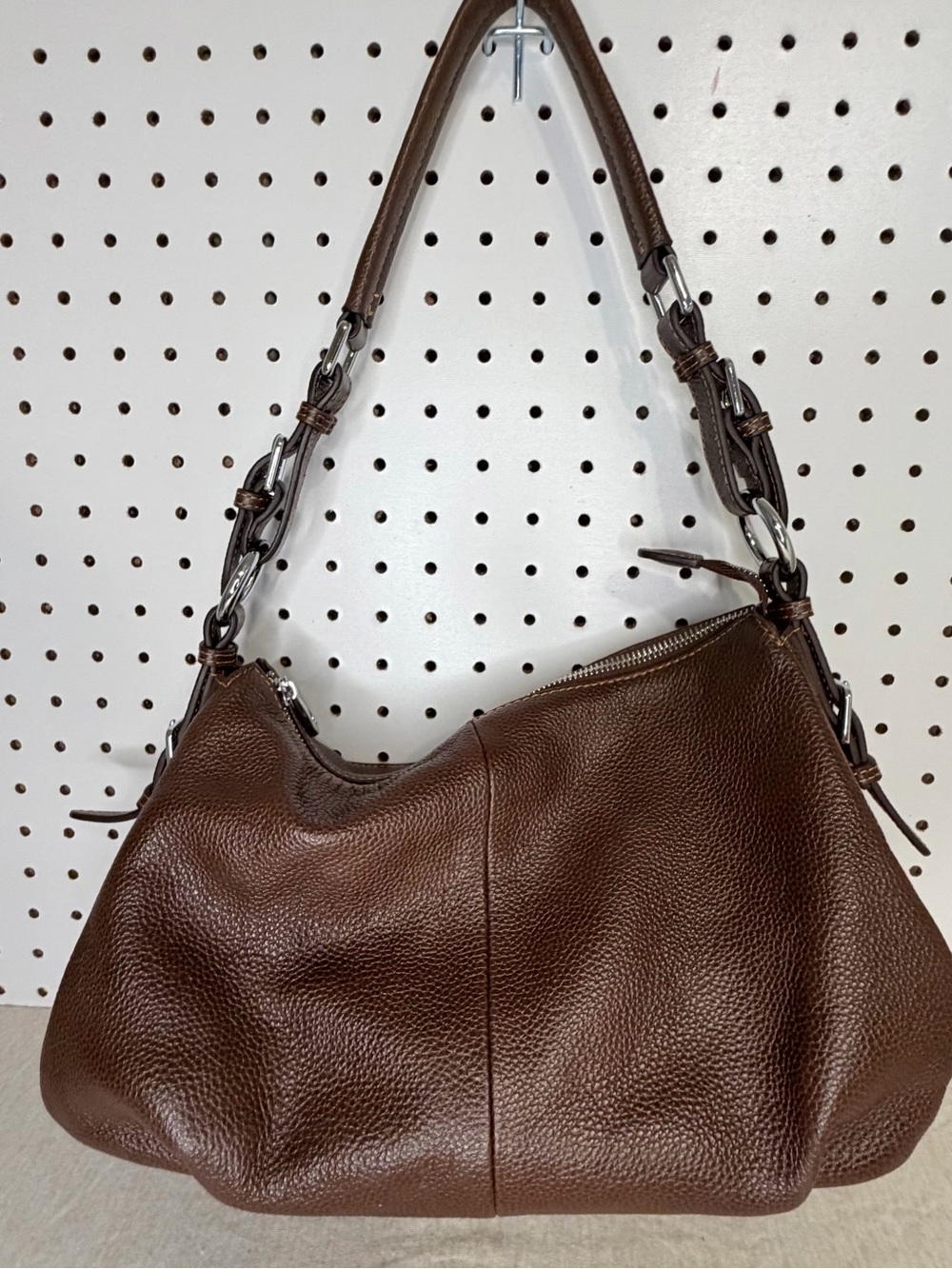 HESHE Brown Pebbled Hobo Shoulder Bag Silver Hardware Zip Top
